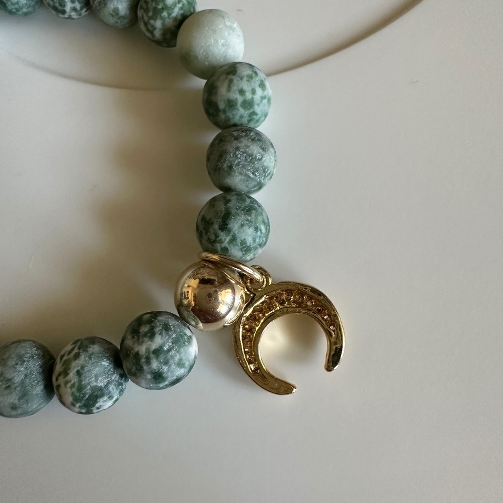 Moss Agate Bracelet | 8mm Matte Beads | 14K Gold Filled & Pavé Charm | Earthy - Picture 7 of 7